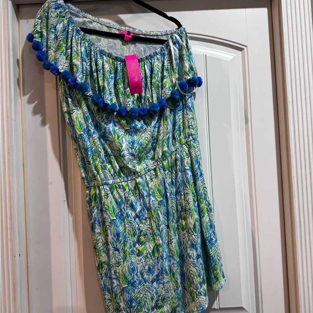 Lilly Pulitzer Blue and Green Patterned Dress with Pom Pom Trim